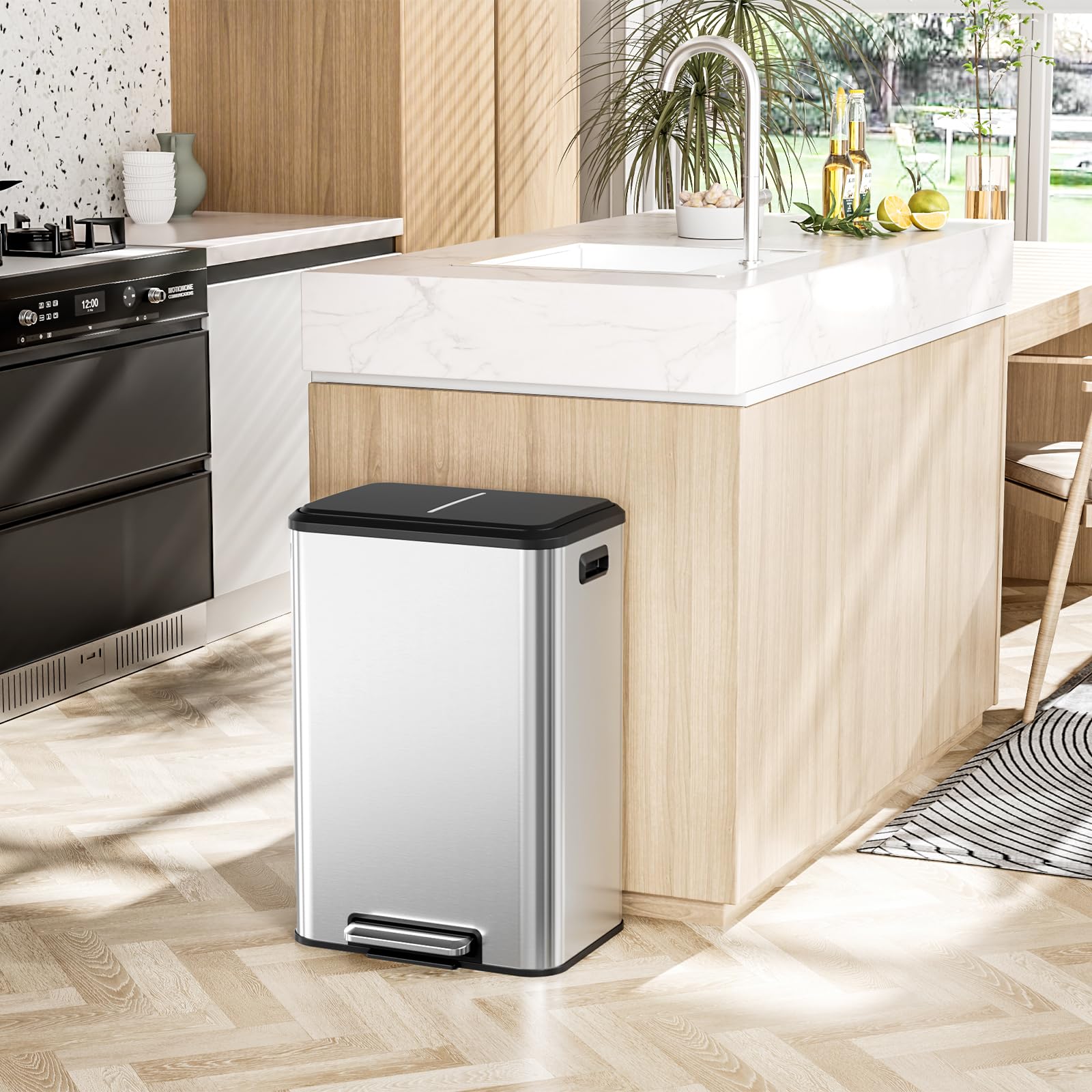 LIFERUN Mülleimer 40l, Abfalleimer Küche mit Inneneimer,mit Deckel Softclose, Tretmülleimer aus Stahl, für Büro, Großfamilie,Silber