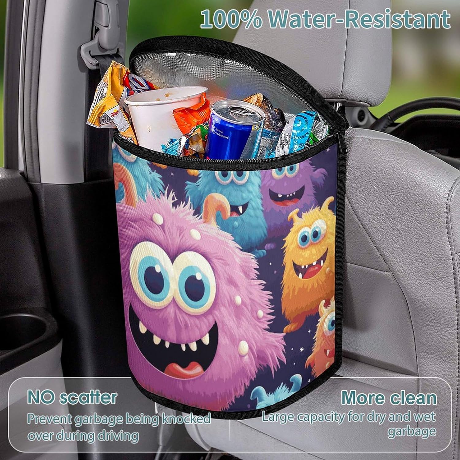 Hanging Car Trash Bag Cartoon Colorful Monster Printed Car Garbage Storage Bag Leakproof Car Trash Can Portable Garbage Storage Bags