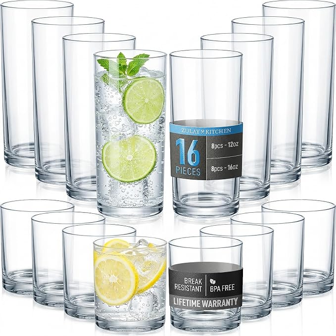 Zulay Kitchen Plastic Drinking Glasses (Set of 16) – Mixed 16oz & 12oz Acrylic Shatterproof Cups for Home, Kitchen & Outdoors – Crystal Clear Glass Look – BPA & Lead-Free – Top-Rack Dishwasher Safe