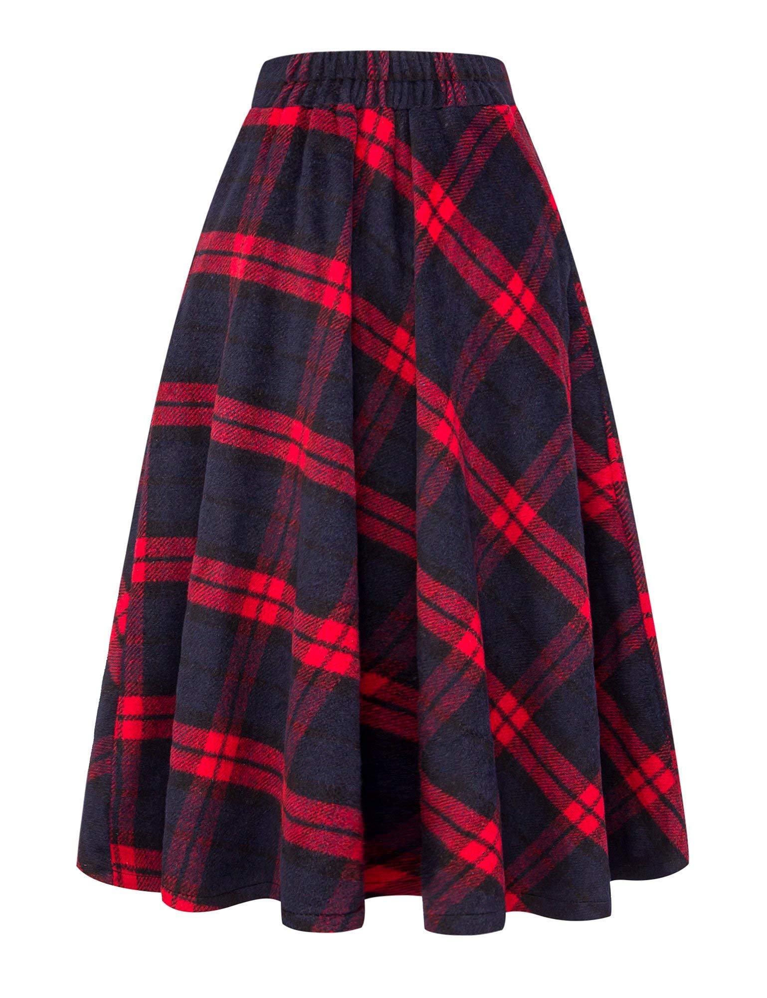 IDEALSANXUN Womens Plaid Wool Skirts Elastic Waist A-Line Pleated Tartan Long Skirts: X-Small Long Red