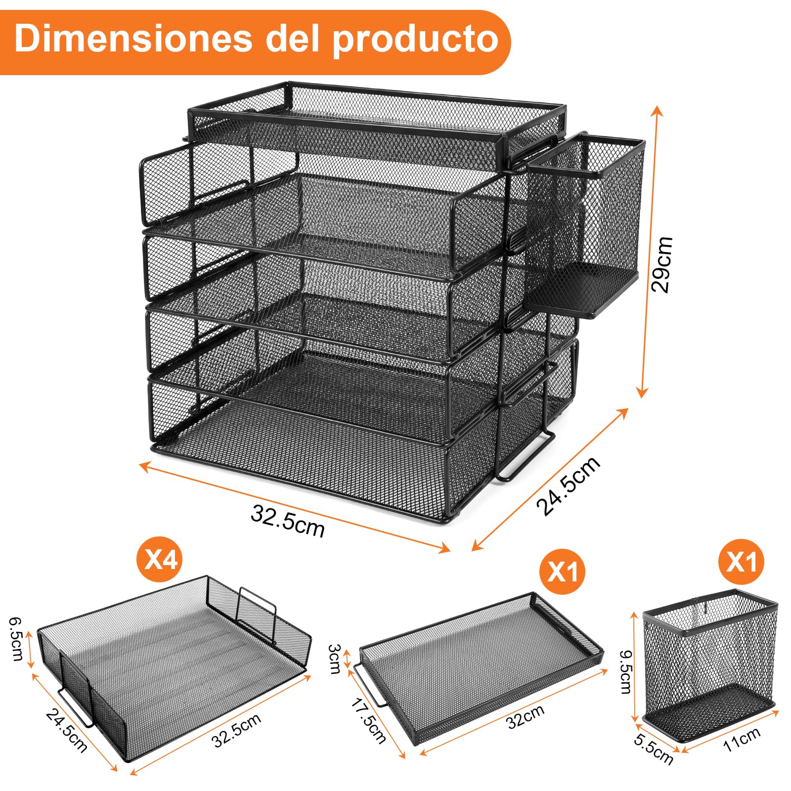 Estante apilable para Documentos A4, Organizador Escritorio con 4 bandejas y 1 portalápices, Apto para Documentos A4, Estante de Escritorio metálico, Estante de Escritorio (Negro)