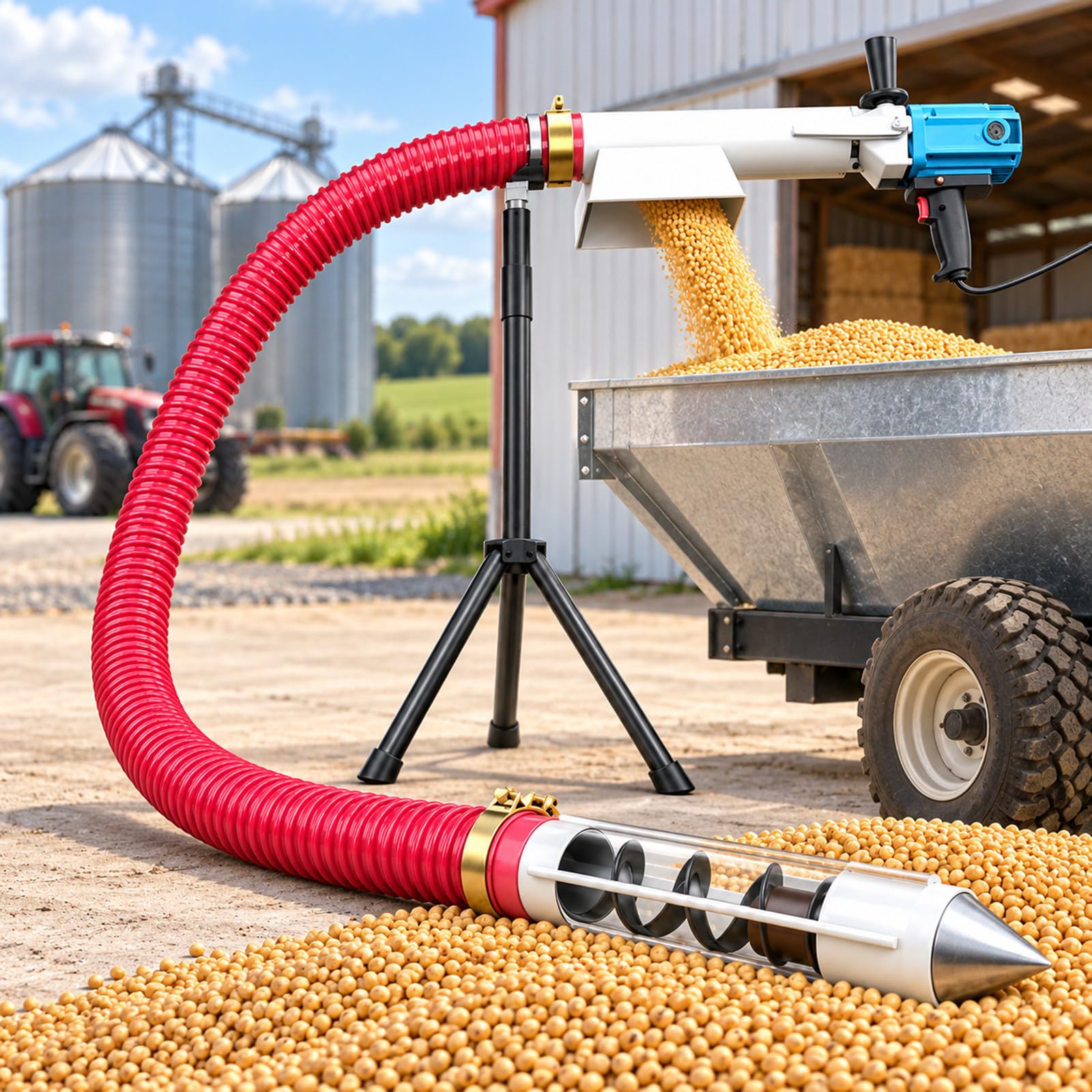 Transportador sinfín 2800W, Acero manganeso, Manguera Flexible, trípode, Arena, Cemento, Cal, Fertilizante, abono, Trigo, maíz, pellets, almacén Industrial, Uso agrícola 4M