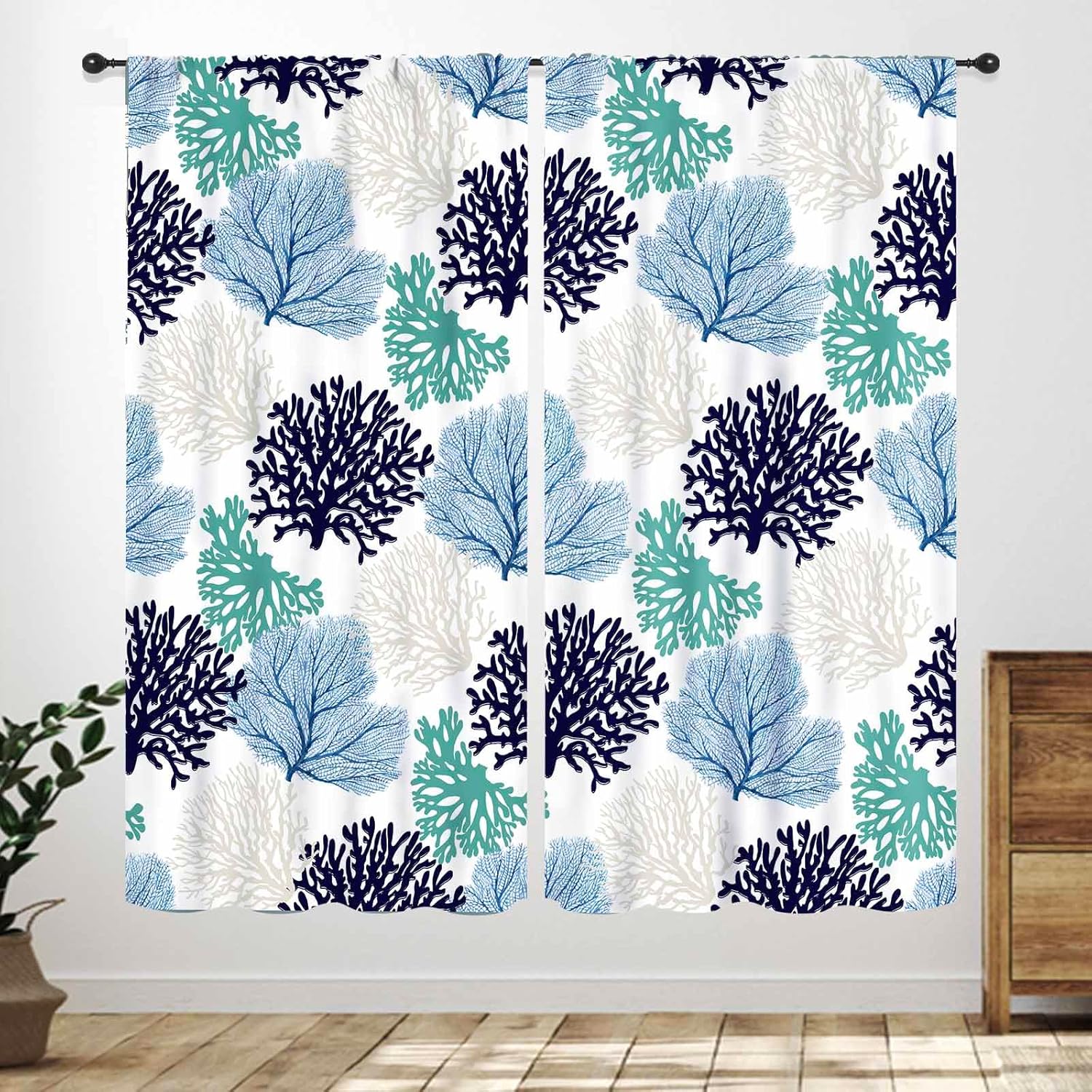 Sea Turtle Curtains,Coastal Nautical Beach Theme Blue Window Treatments for Bathroom,Tropical Beachy Under The Sea Living Room Bedroom Window Drapes,84X63 Inch