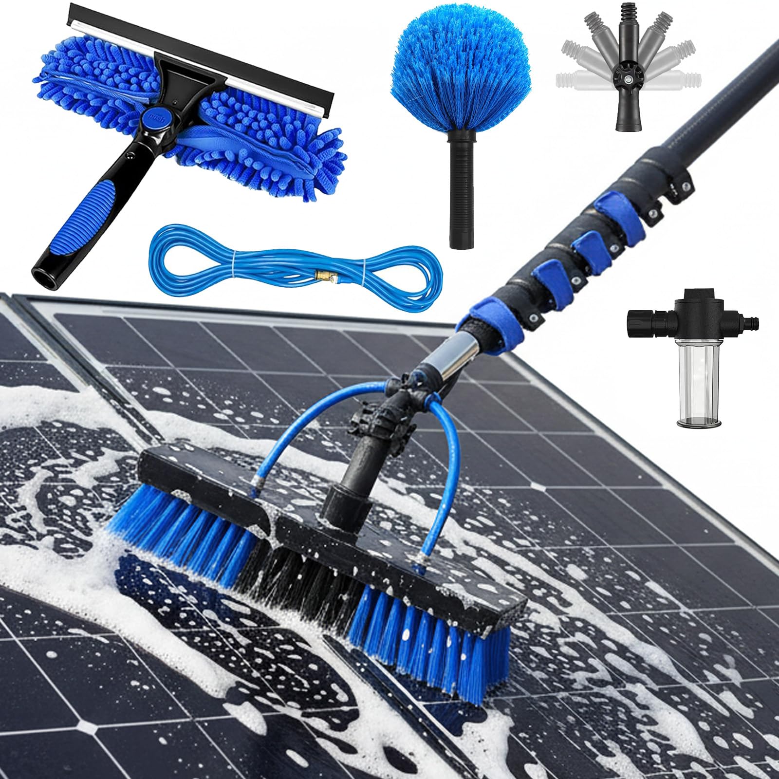 Kohlefaser Teleskop Waschbürste 3,6 - 20m mit Wasseranschluss, Fensterreiniger mit Teleskopstiel, Seifenspender, Spinnwebenstaubwedel mit Teleskopstange, Solaranlage, Wintergarten Reinigungsset (7.3m)