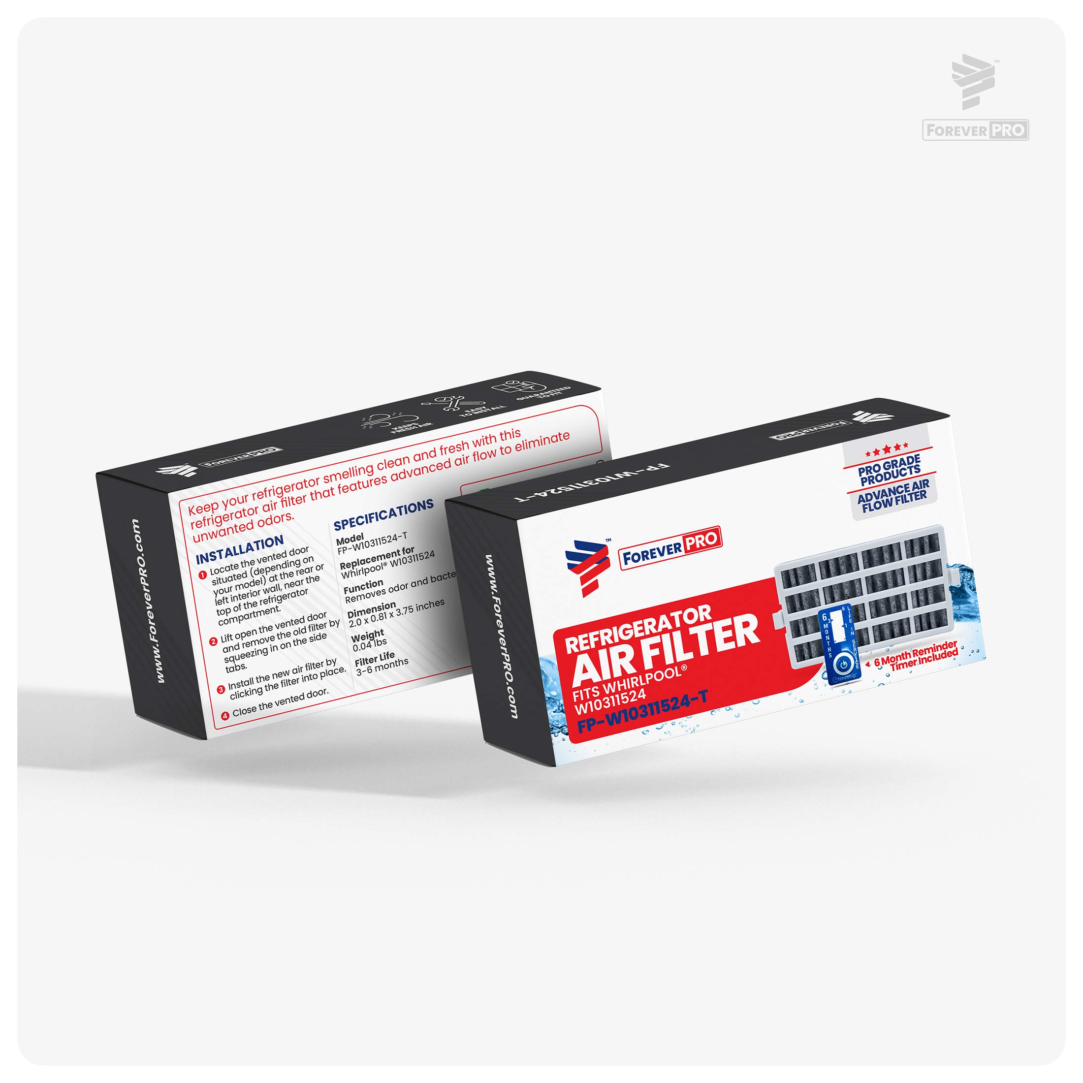 ForeverPRO W10311524 Conjunto de filtro de aire con temporizador recordatorio para refrigerador Whirlpool 2319308 AIR1 W10315189 W10335147