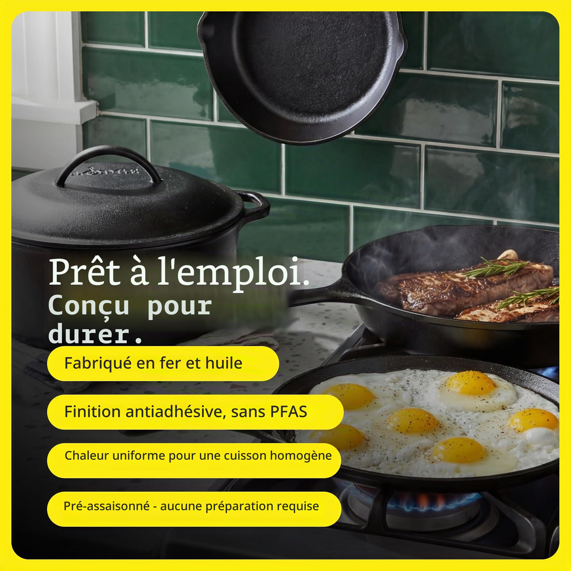 Lodge | Batterie de cuisine en fonte naturelle 4 pièces | Cocotte, 2 poêles, Crêpière | Sain et sans PFAS | Tous feux dont induction, four & BBQ | Made in USA