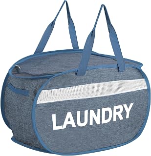 Collapsible Laundry Baskets with Lid, Foldable Clothes Hamper with Reinforced Handles, Sturdy Pop Up Hampers for Laundry, Tear Proof & Easy to Carry Laundry Hamper for Home, Dorm, Travel Blue