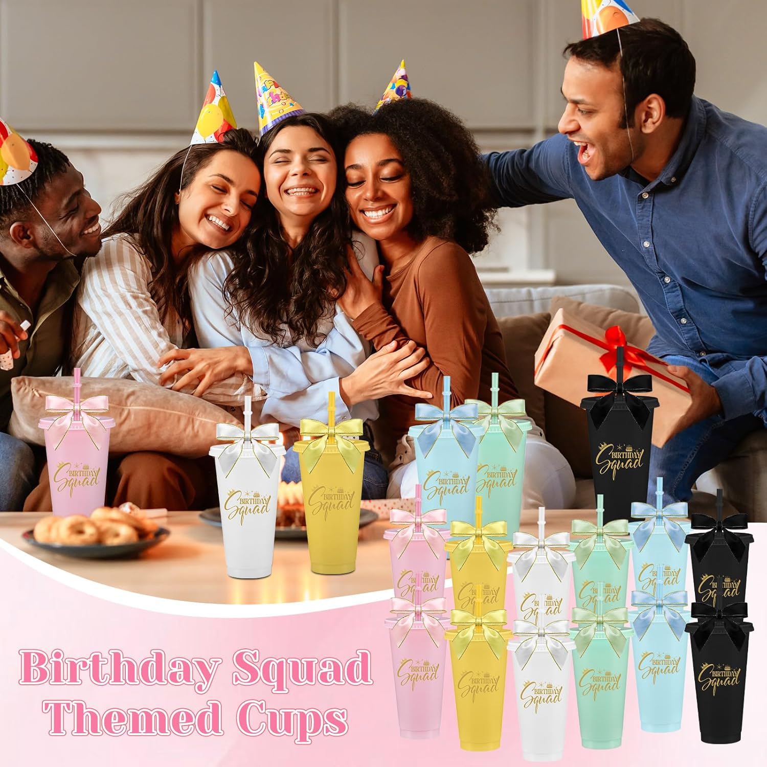 Honeydak 12 Set Birthday Squad Tumblers 24oz Birthday Cups Colorful Reusable Plastic Tumblers with Lids Straws and Ribbon Bow Decorations Party Favor - Image 5