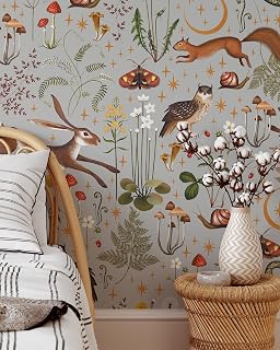 Gray Woodland Wallpaper | Removable Self Adhesive Animals Botanical Wallpaper | Flower and Forest Peel and Stick Wallpaper (1 roll 24" W x 108" H)