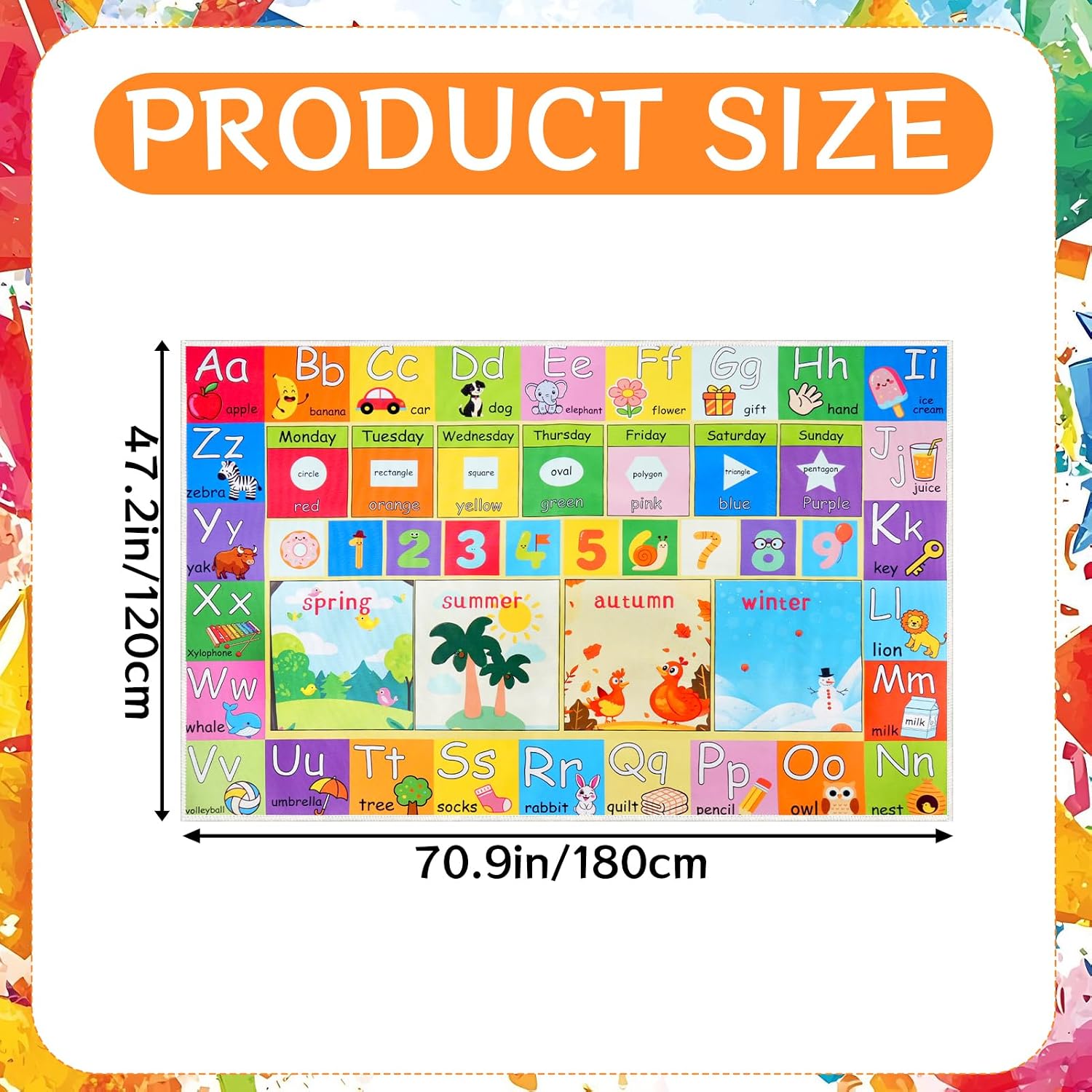 Alphabet Kids Rug for Playroom 4x6ft, Soft&Non-Slip Toddler Educational Play Mat with Alphabet Number Color Season, Washable Classroom Area Rugs for Nursery Preschool Classroom Daycare Rug,Colorful