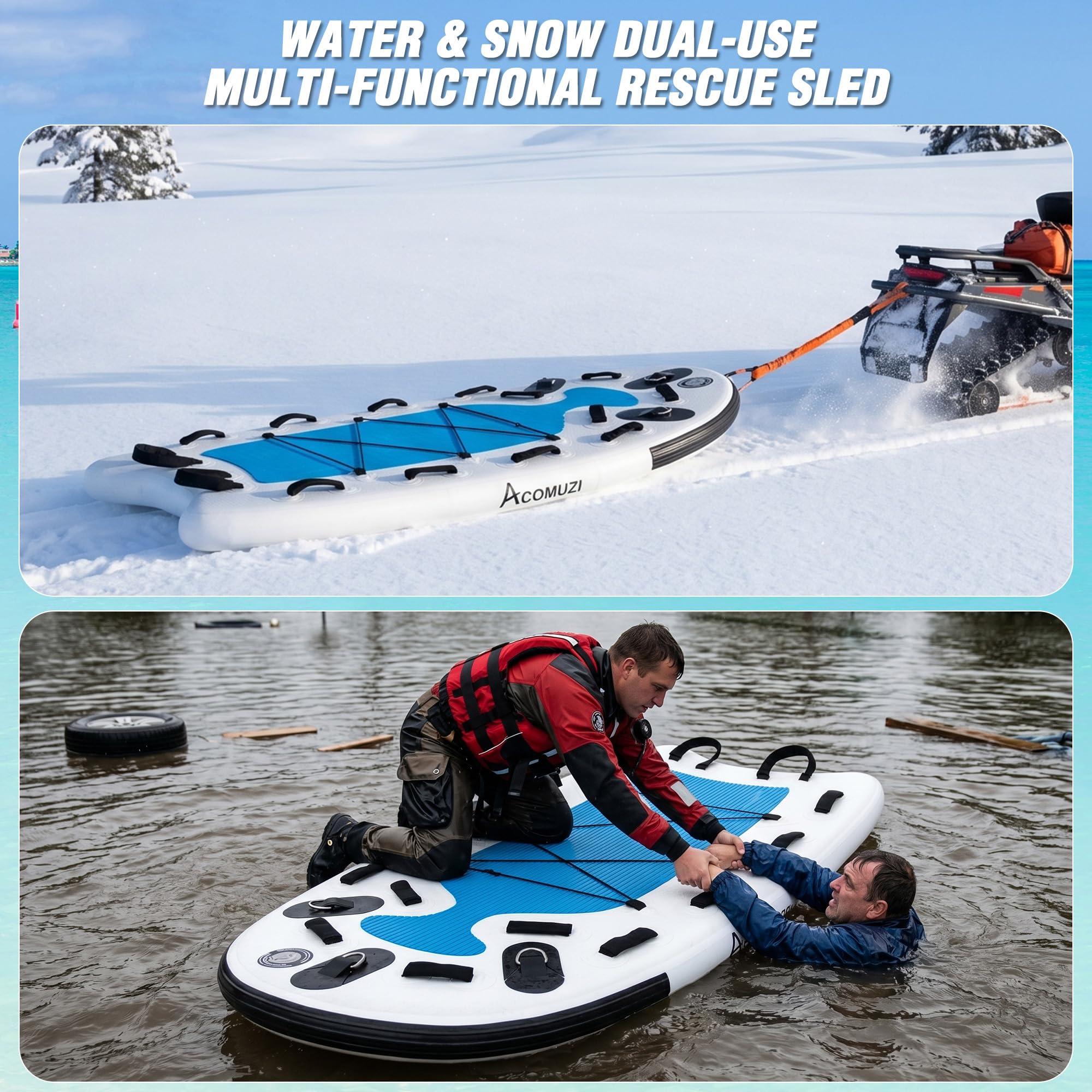 Aufblasbarer Wasserrettungsschlitten, Drop-Stitch PVC Jet Ski Rescue Board Aufblasbares Bodyboard, Gelbe Notfallausrüstung für Seen/Ozeane/Flüsse, 73×39×4 Zoll