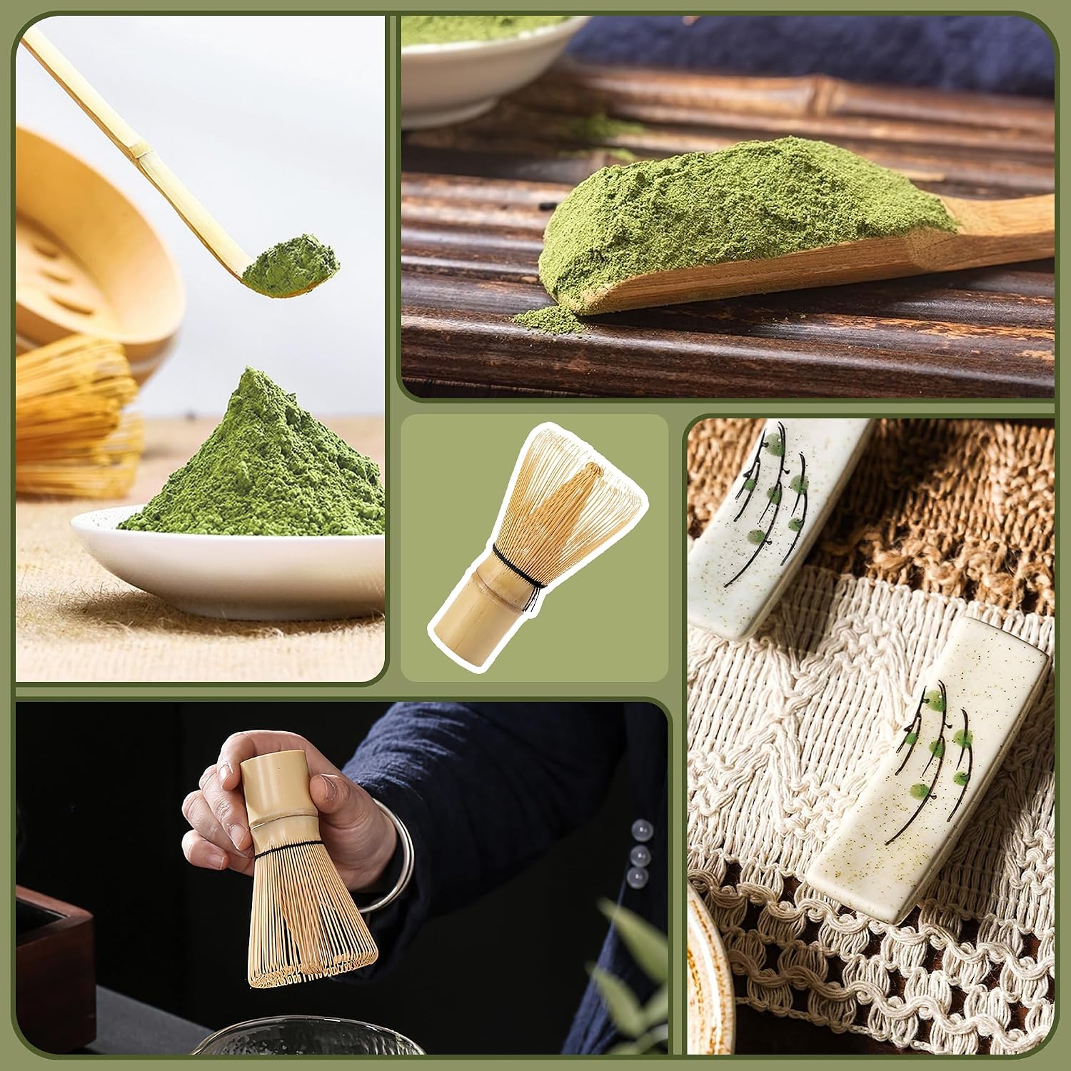 6 Pcs Matcha Whisk Set, Japanese Ceremonial Matcha Making Tools Kit for Bamboo Whisk, Matcha Scoop, Tea Spoon, Ceramic Whisk Holder, Spoon Holder, Powder Sifter - Matcha Green