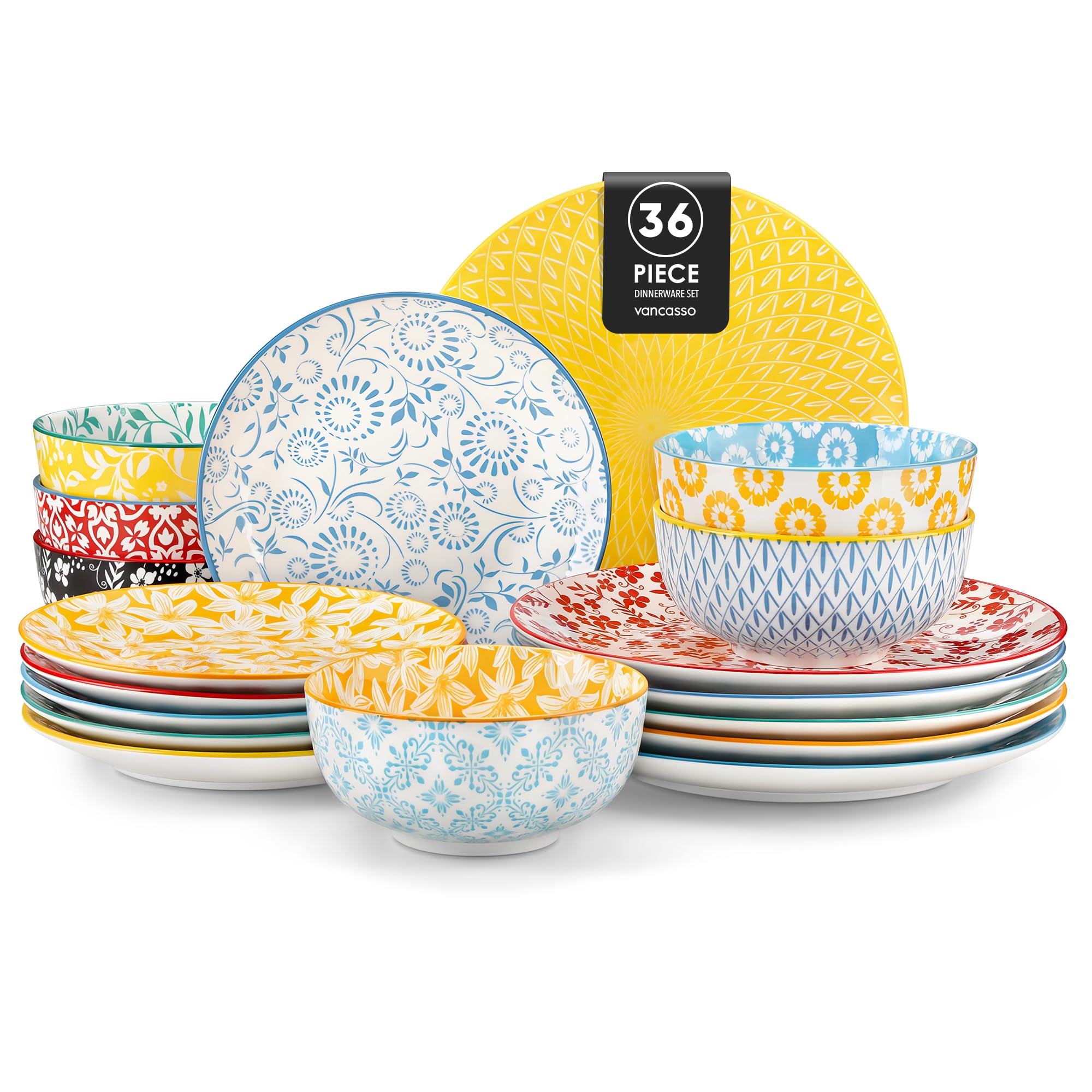 vancasso Selene Colorful Floral Plates and Bowls Set for 12, 36-Piece Ceramics Dinner Sets with Dinner Plates/Dessert Plates/Cereal Bowls, Mircowave & Dishwasher Safe