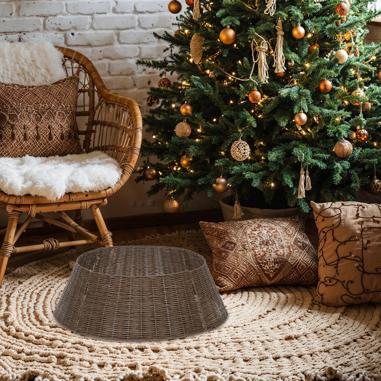 Homoyoyo Gonna Rustica per Albero di Natale Intrecciata a Mano Collare ad Anello in Rattan Naturale da 65 CM Copertura Base Decorativa Eco-Sostenibile per Arredamento Moderno e Country
