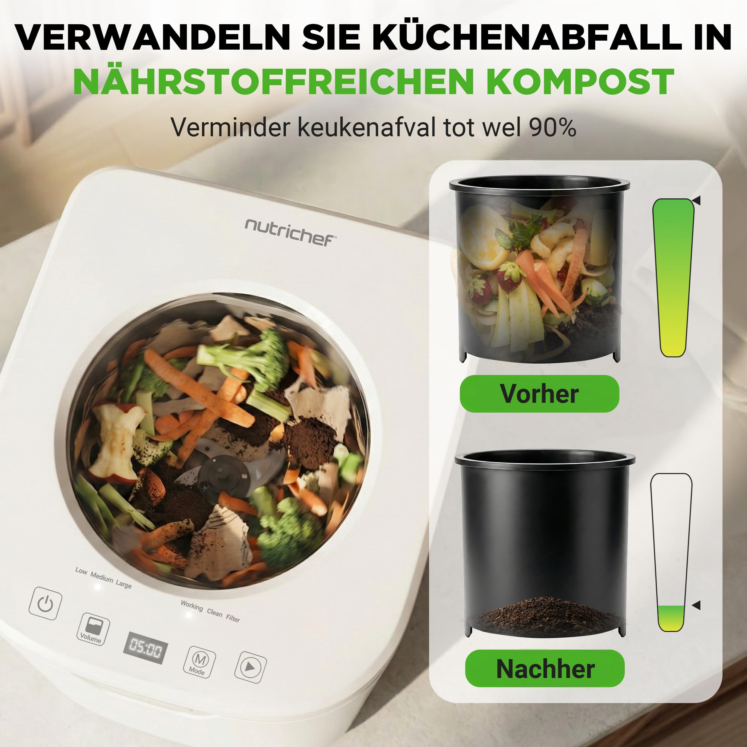 NutriChef Elektrischer Küchenkomposter - Indoor Lebensmittelabfälle Komposter Mülleimer, Geruchloses Arbeitsplatten-Design, Kohlefiltersystem, Leiser Betrieb, Heimkompostierungslösung, Weiß