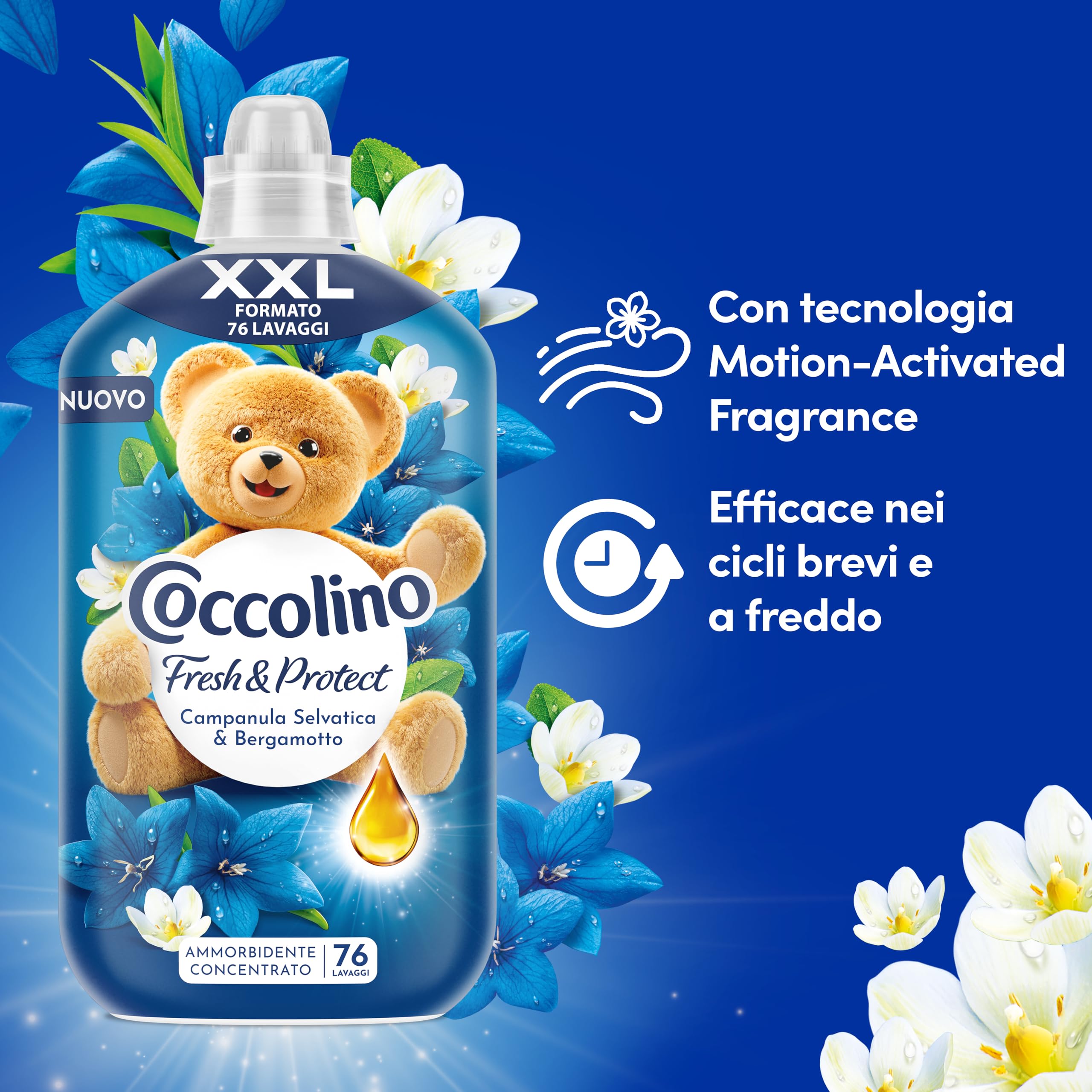 Coccolino Weichspülerkonzentrat Wilde Glockenblume und Bergamotte, Weichspüler Intense Care mit Pro-Faser-Technologie, XXL-Format 456 Waschgänge, 6 Stück à 1750 ml