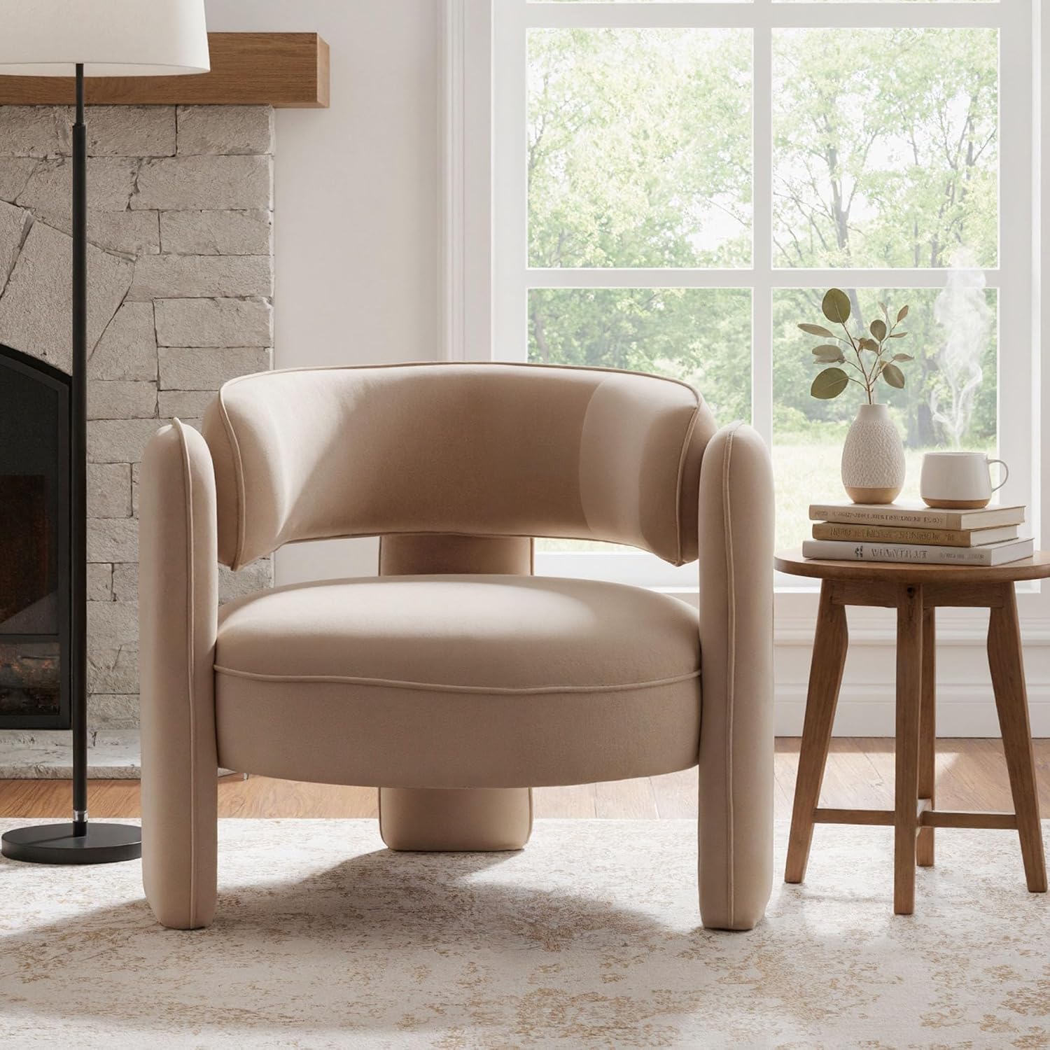 HNY Mid Century Modern Velvet Barrel Accent Chair, Comfy Round Upholstered Armchair with Open Back, Side Club Chair Lounge Arm Chair for Living Room, Bedroom, Waiting Rooms, Small Spaces, Khaki