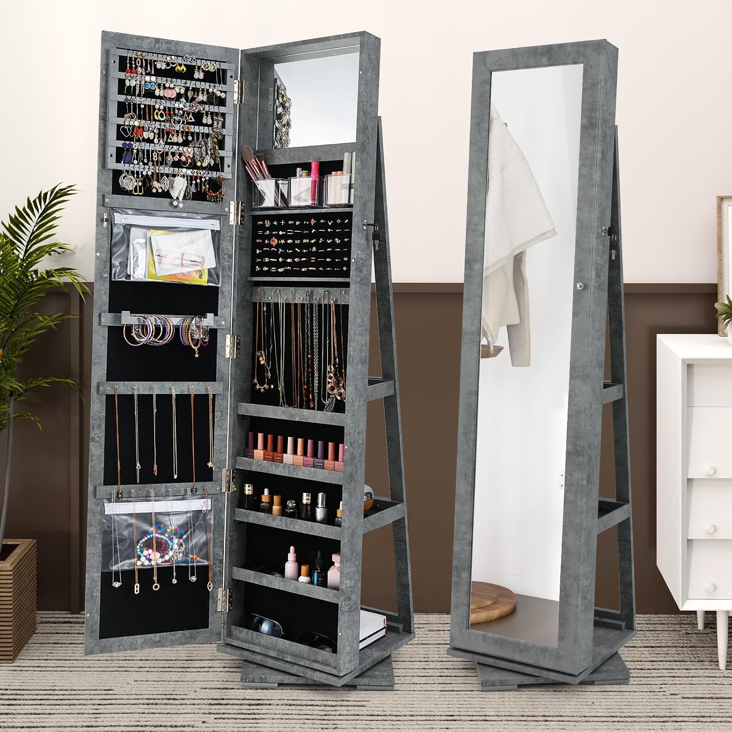 GOFLAME 360° Rotating Jewelry Armoire, Lockable Jewelry Cabinet with Full-Length Mirror & Inner Makeup Mirror, Standing Jewelry Storage Organizer with Rear Storage Shelves, Stone Gray
