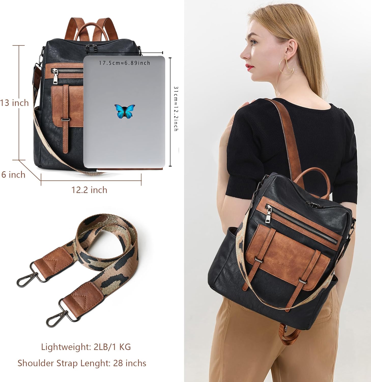 Backpack Purse for Women Fashion Designer Laptop Backpack for Women 15.6 inch Casual Daypack Backpacks with Wristlet (1-6 Black with Brown) - Image 3