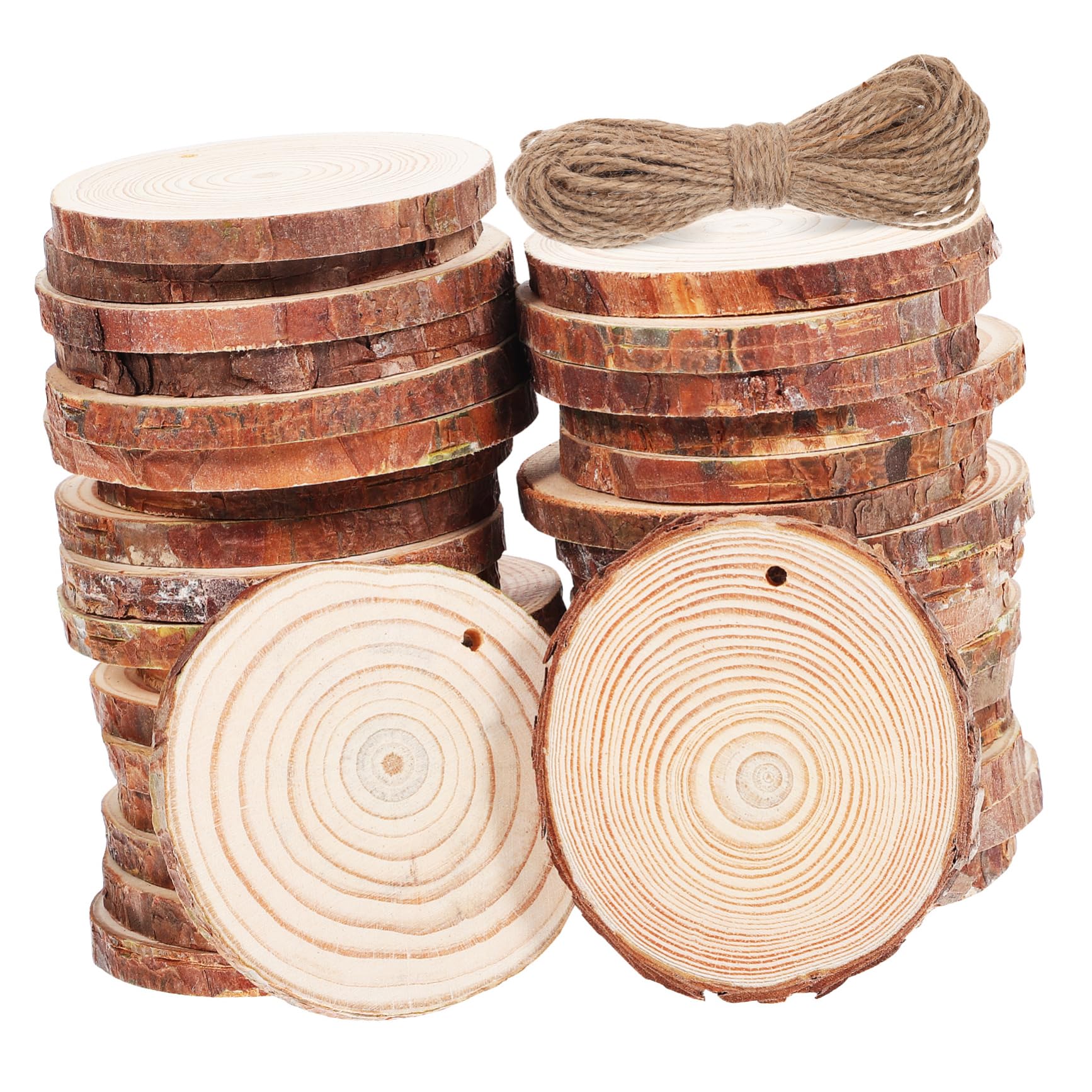50 Holzscheiben 7-8cm mit 10m Juteschnur zum Basteln | Braun, Rund, für Klassenzimmer und Handarbeitsprojekte, Rustikal Natürlicher Stil