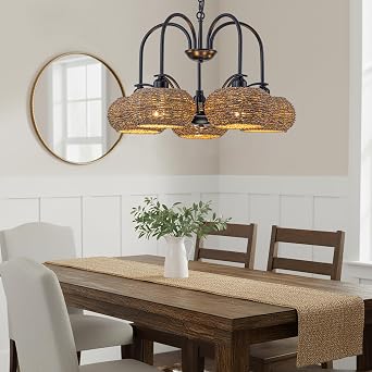 Modern Farmhouse Rustic Chandelier Coastal Boho 5-Light 16 in. Matte Black Hanging Ceiling Light for Living Room, Foyer with Seagrass Shade