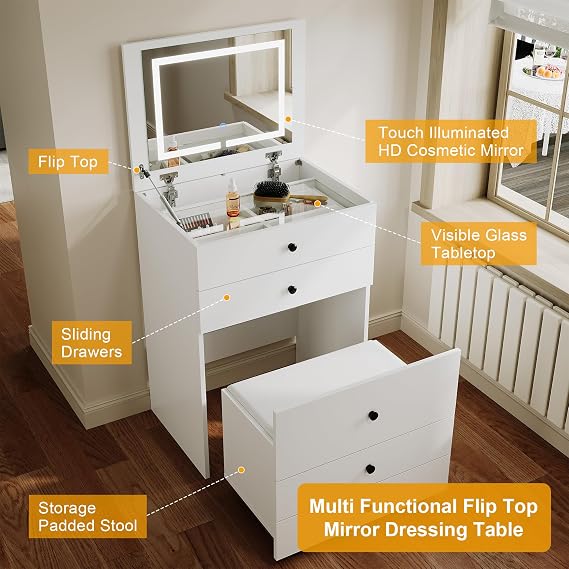 ELEGANT Dressing Table with Flip-Top Mirror and LED Lights, 43x60x127cm