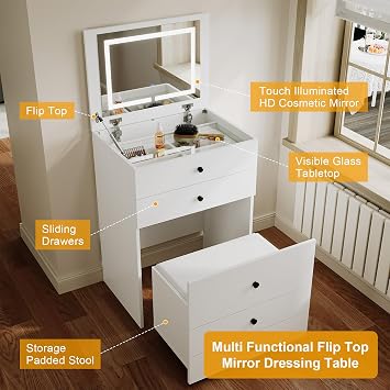ELEGANT Dressing Table with Flip-Top Mirror and LED Lights, 43x60x127cm