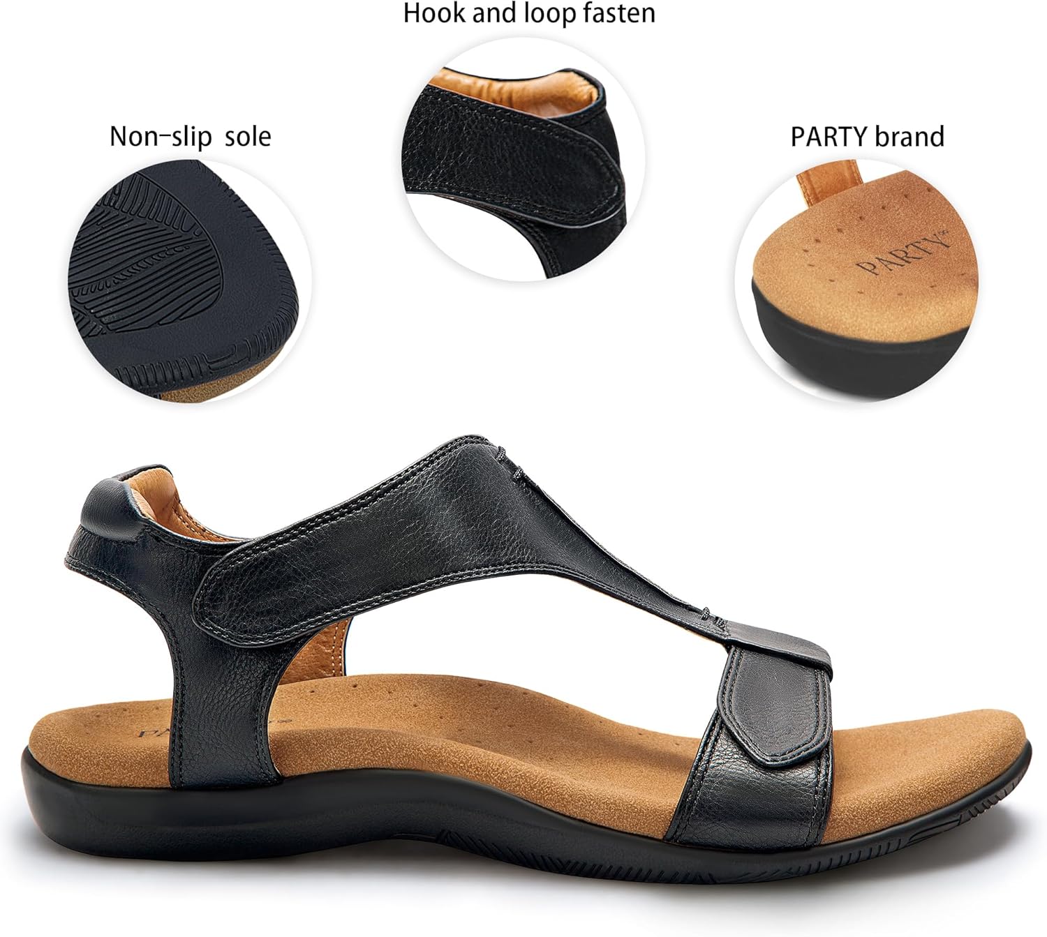 PARTY Women's Open Toe Sandals Arch Support and Adjustable Straps Comfortable Sandals for Walking,BLACK,6 - Image 6