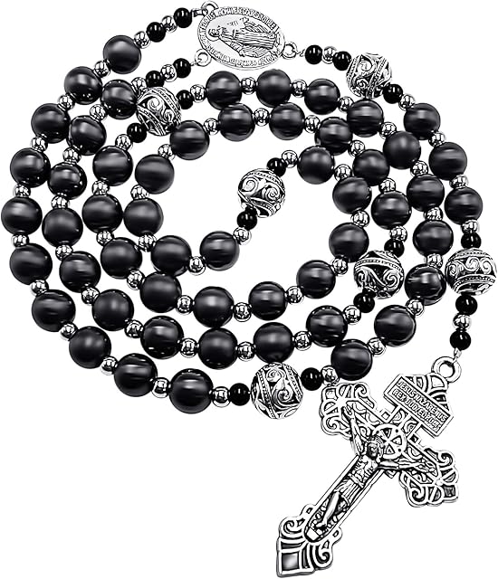 Nazareth Store Pardon Hematite Men Rosary Black Beads Stainless Knotted Necklace Miraculous Medal & Our Father Cross, 20 inches, Zinc, No Gemstone