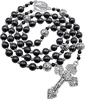 Pardon Hematite Men Rosary Black Beads Stainless Knotted Necklace Miraculous Medal & Our Father Cross, 20 Inches, Zinc, No Gemstone