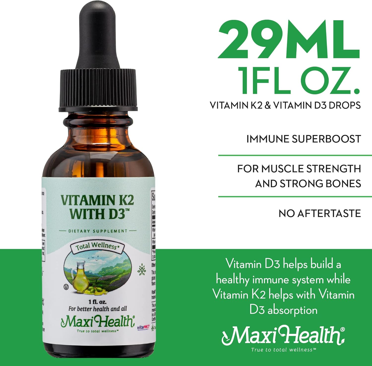 Maxi Health Liquid Vitamin D3 with K2 Drops for Long-Term Health - Vitamin K2 D3 Vitamin Supplement - D3 K2 Vitamin K and Vitamin D Supplement with Vitamin K2 MK-7 and VIT D, 1 fl oz