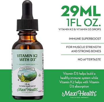 Maxi Health Liquid Vitamin D3 with K2 Drops for Long-Term Health - Vitamin K2 D3 Vitamin Supplement - D3 K2 Vitamin K and Vitamin D Supplement with Vitamin K2 MK-7 and VIT D, 1 fl oz