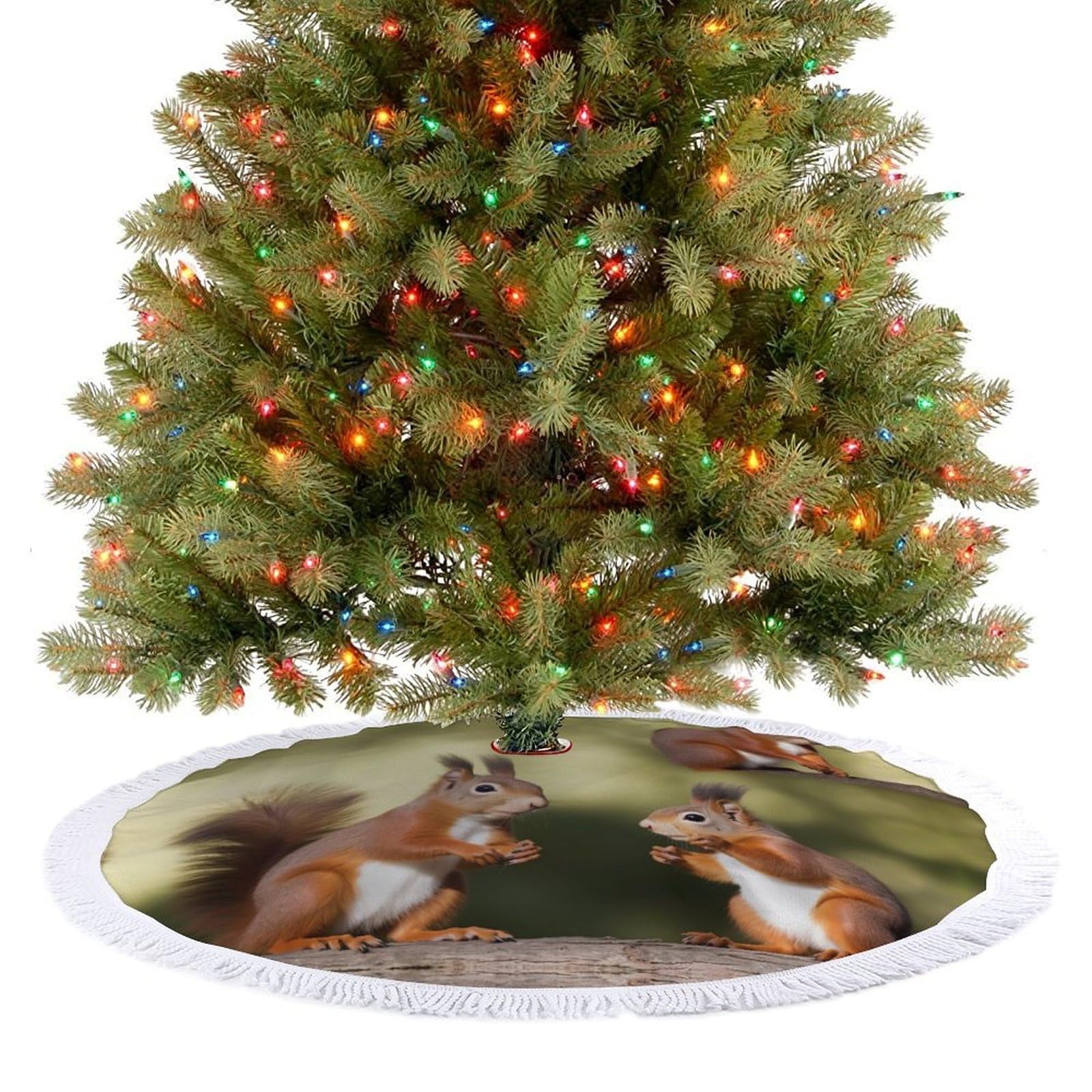Cute Squirrels Christmas Tree Skirt 48"x48" Rustic Xmas Tree Mat with Tassel Ornament Christmas Trees Cover Skirt Mat for Evergreen Trees Ornament Winter Holiday Mats Decorations