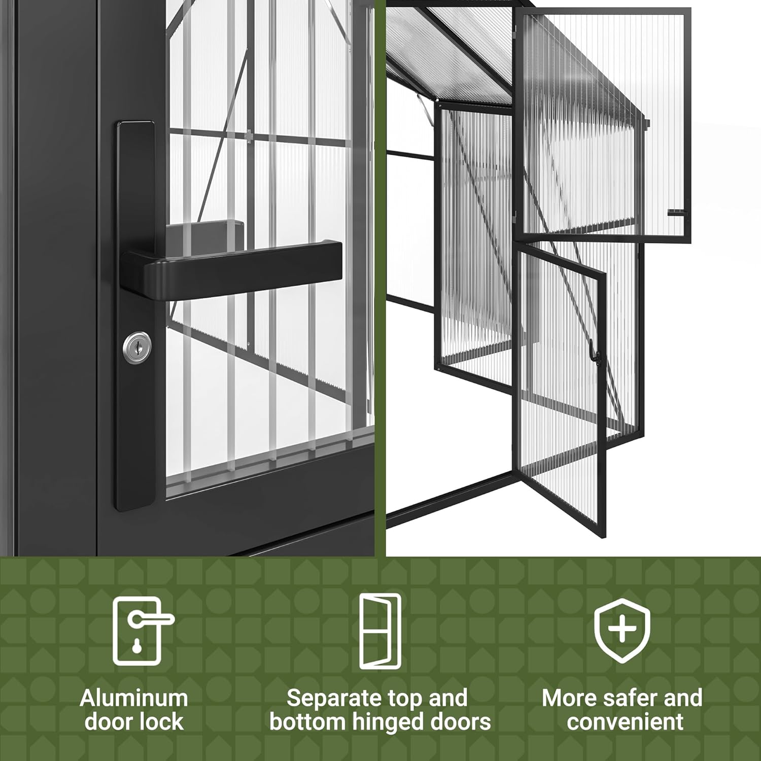 Close-up of an aluminum door lock and an image showing the separate top and bottom hinged doors of the greenhouse.