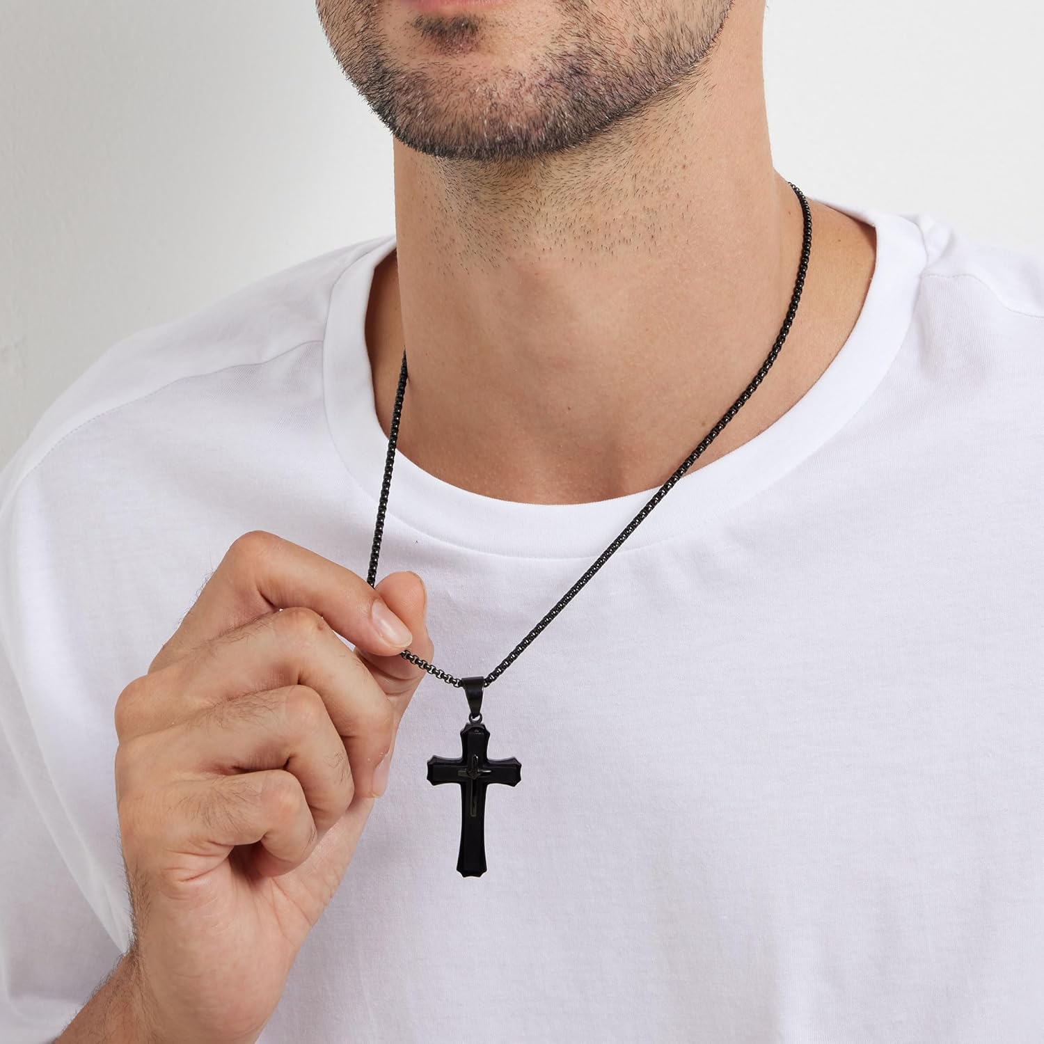 Cross Necklace for Men 316L Stainless Steel Mens Cross Juses Pendant Necklace Silver/Black/Gold Plated Nickel Free with 22" 24" 26" Steel Box Chain - Image 5