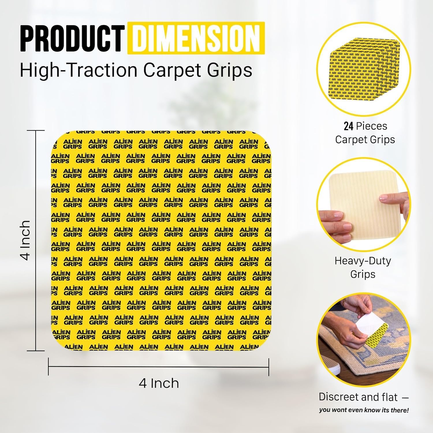 Alien Grip Rug Gripper Carpet Tape - 24pcs, 4x4 in. Anti-Slip Hardwood, Tile Floor, No Damage - Double Sided Reusable, Non Slip Corner Rug Pads - As Seen on TV