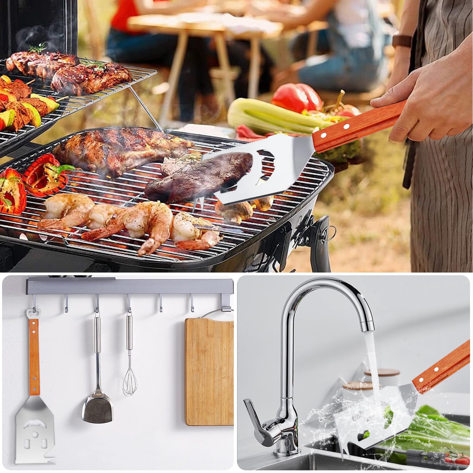 Spatule Barbecue 7 en 1, Ustensiles barbecue avec spatule, Accessoires de Barbecue Extra Longs, Meilleurs Cadeaux de Barbecue pour Hommes Uniques, Couverts de barbecue multifonctions avec manche