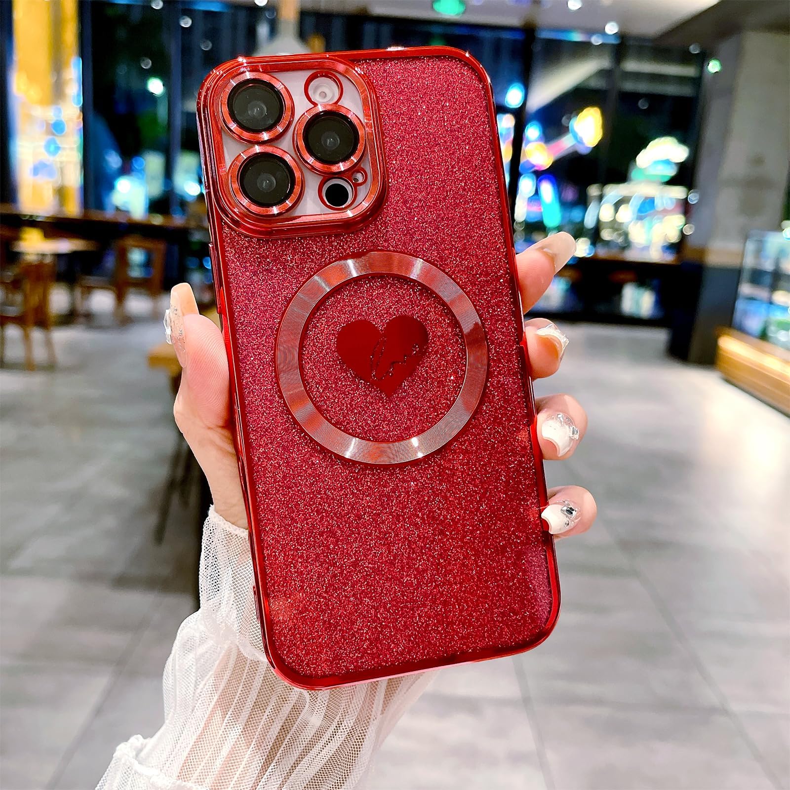 Love Heart Plating Glitter Phone Case Designed for iPhone 16 Pro Max, Raised Lens Edge Protection Soft TPU Shockproof Back Cover for Women Girls