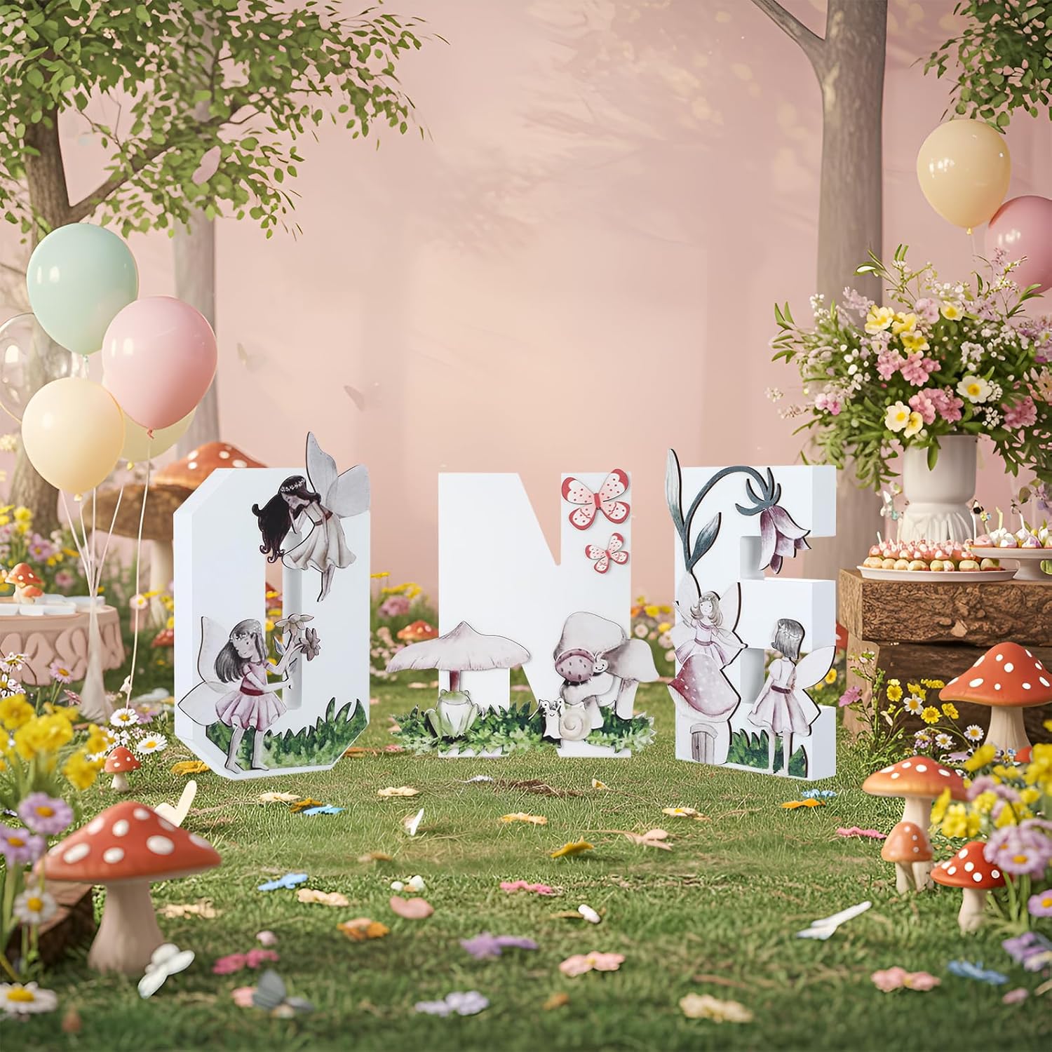 Bucherry Fairy Wooden ONE Letter Sign for First Birthday - Cake Smash Prop, Photo Booth Background, Table Centerpiece with Mushroom Details for Girls Baby Shower Anniversary Decor