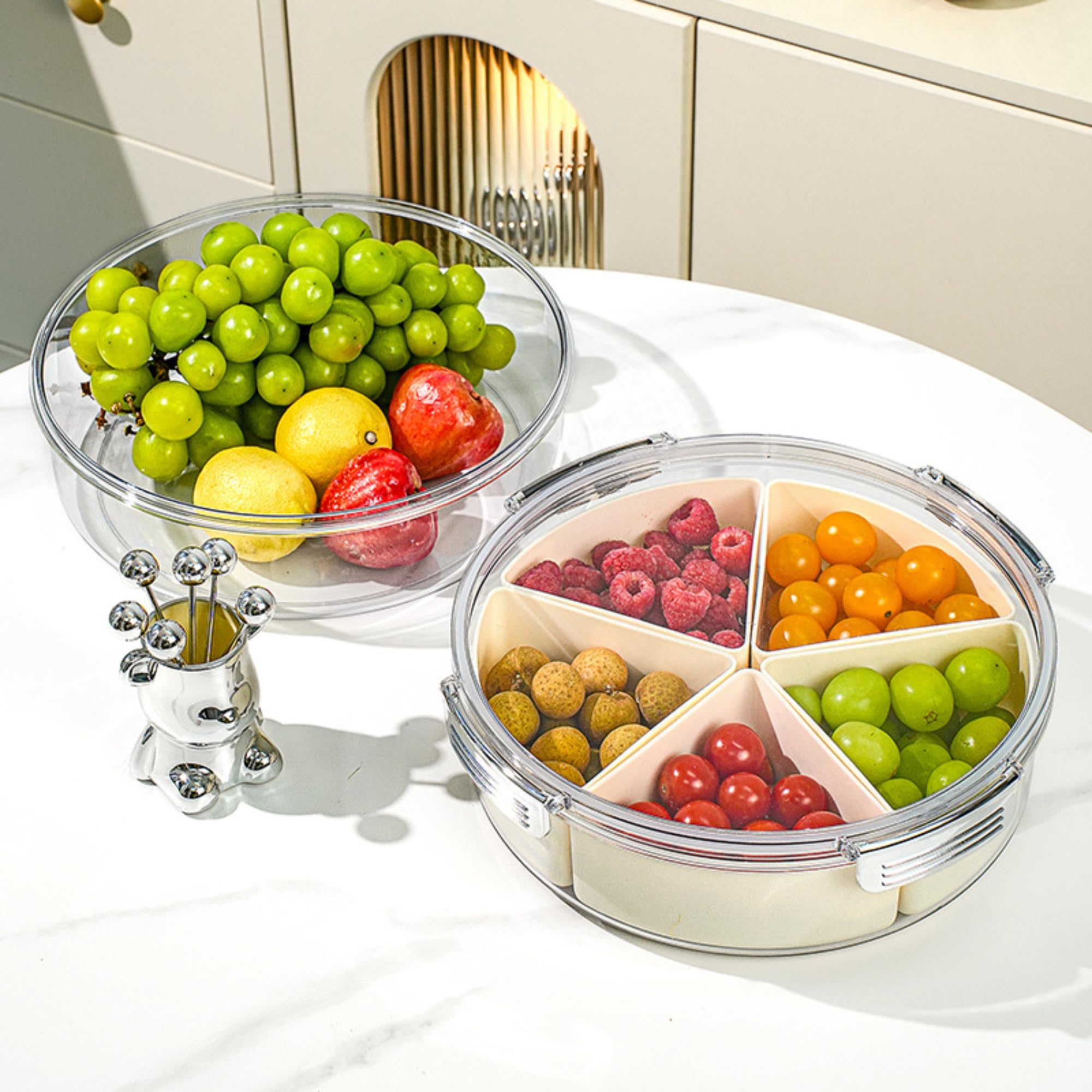 Pulreiush Beige Silber Rund Kunststoff Geteiltes Serviertablett mit Deckel, 5 Fächer Snacktablett Servierplatte für Kekse, Obst, Gemüse, Süßigkeiten und Hot Pot