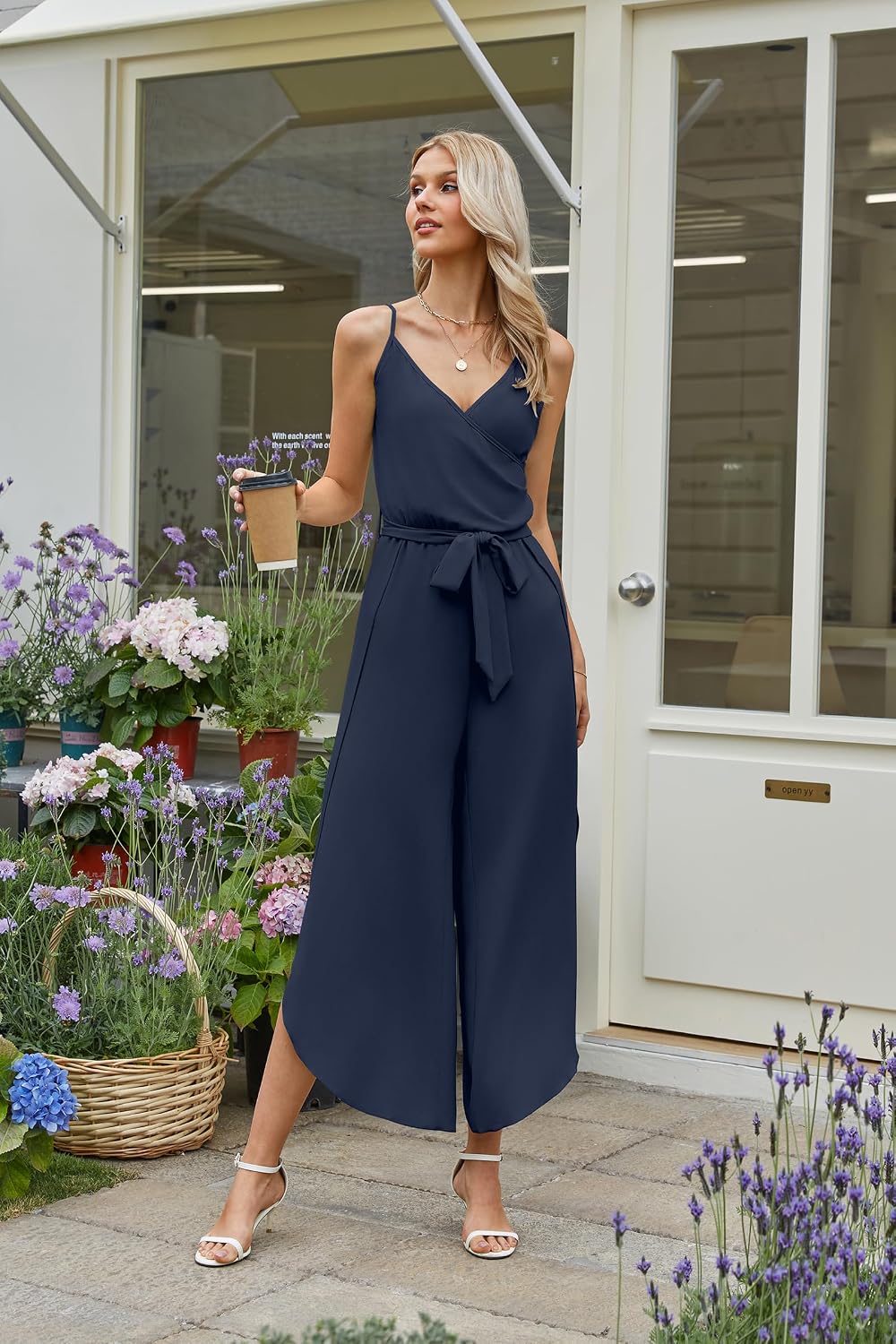 ECOWISH Womens Jumpsuit Spaghetti Strap Wide Leg Split Jumpsuits Long Overalls Summer Beach Loose Fit Rompers…