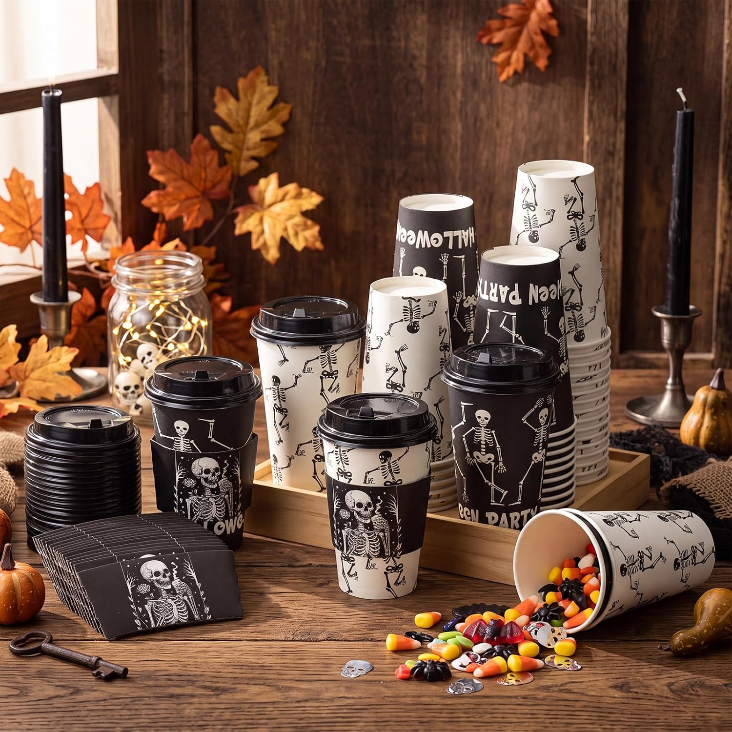 Suclain 50 Sets Halloween Disposable Coffee Cups with Lids & Sleeves, 16 oz Funny Skull Pattern Paper Cups for Hot Cold Drinks Trick or Treat Party Supplies image 4