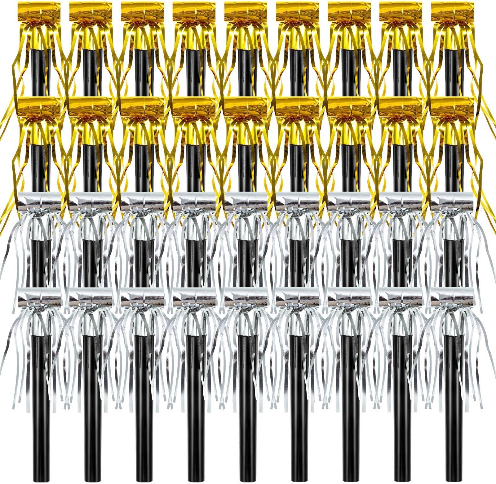 Sumind 36 Pcs Party Blower Noisemakers Party Squawkers Blowouts Whistles Fringed Noise Maker Musical Blowouts for Birthday Supplies (Gold,Silver)
