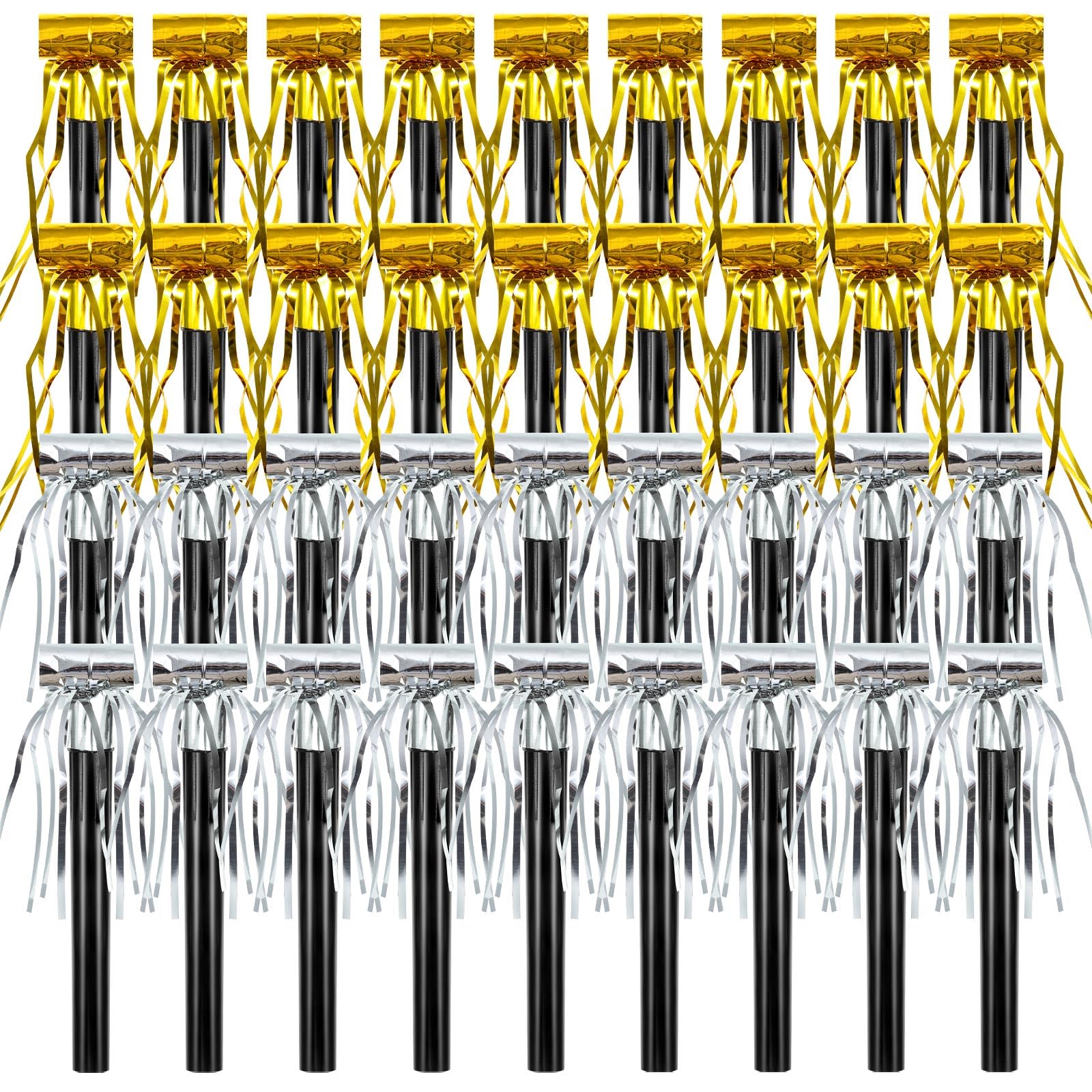 Sumind 36 Pcs Party Blower Noisemakers Party Squawkers Blowouts Whistles Fringed Noise Maker Musical Blowouts for Birthday Supplies (Gold,Silver)