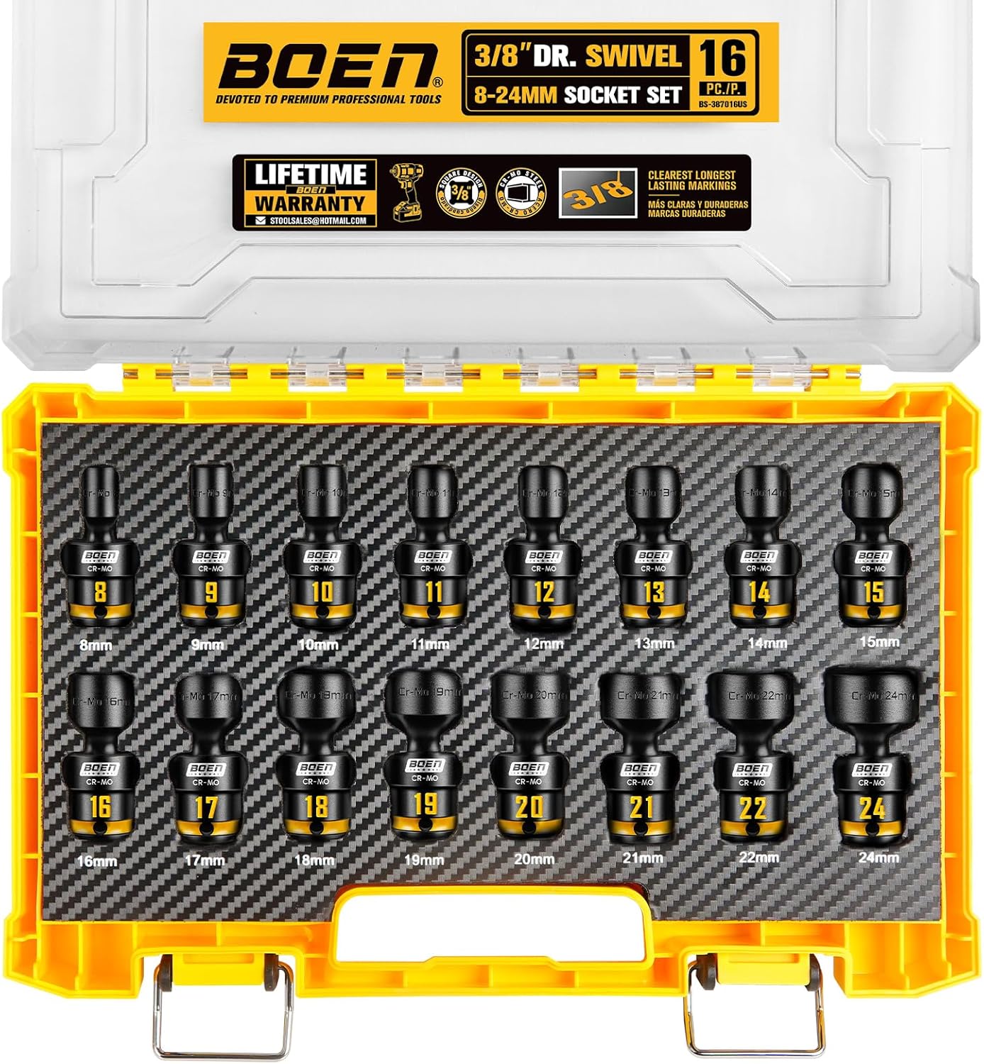 BOEN Pro 3/8 Inch Drive Impact Swivel Socket set, 16-Pieces 8-24mm, 6-Point Shallow Metric Universal Wobbly Sockets With Painted Marking, Cr-Mo, Include PP Case, Fit Into Tight and Narrow Spaces