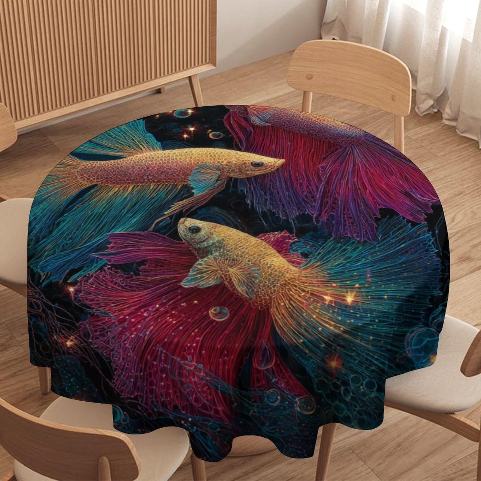 LUYYSKY Rustic Realistic Colorful Fish Waterproof Round Tablecloth Realistic Painting Art Underwater Landscape Animal Fish Washable Table Cover for Kitchen-91.4" Wx91.4 L cm