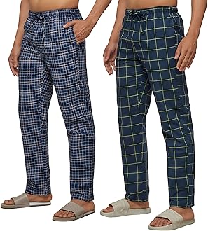 - Men's Super Combed Cotton Checkered Checkmate Pyjamas [Pack of 2] Elasticated Waist, Drawstring | Loungewear for Men in Blue, Lime Checks