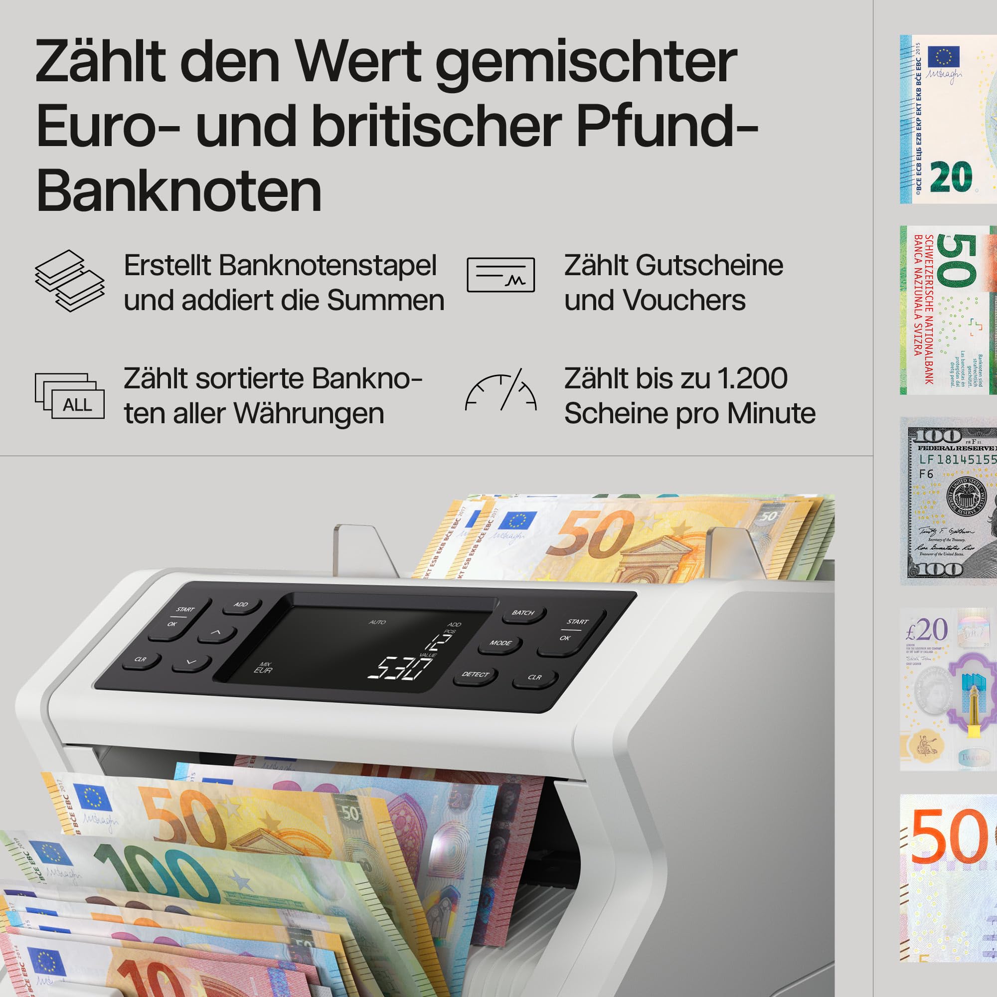 Safescan 2265 Geldzählmaschine, Wertzählung für gemischte EUR- und GBP-Banknoten - Banknotenzähler mit 6-facher Echtheitsprüfung - zählt sortierte Banknoten aller Währungen
