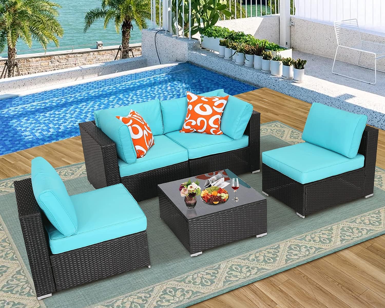Furnivilla 5 Pieces Outdoor Conversation Set Sectional Patio Furniture with PE Wicker Rattan Patio Set with Glass Coffee Side Table All Weather for Backyard Porch Garden Poolside Balcony (Turquoise) : Patio, Lawn & Garden