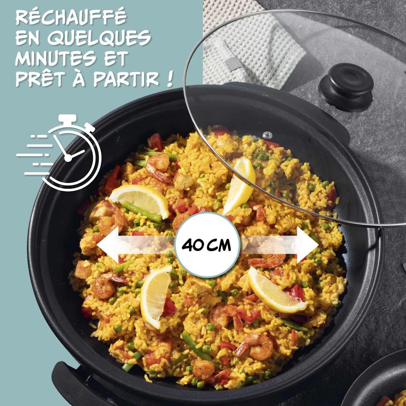 GOURMETmaxx Poêle électrique ⌀ 40cm | Hot Pot thermostatique, couvercle en verre & volume XXL avec revêtement antiadhésif - parfait pour paella, braisage & wok | 1500W